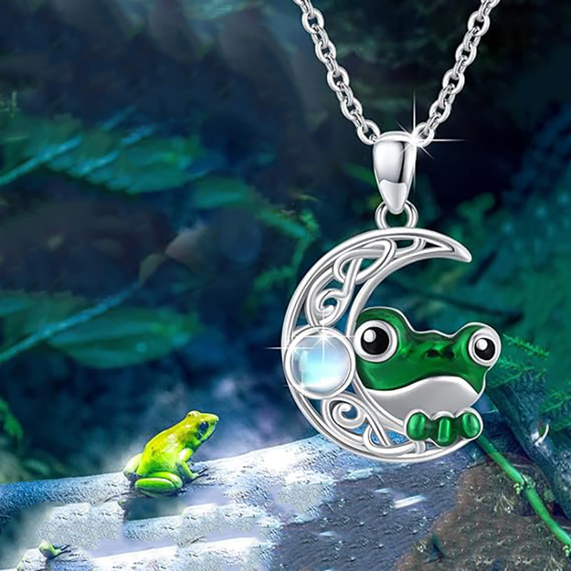 Wholesale Fashion Cute Little Frog Hollow Moon Curved Gem Oil Drop Animal Pendant Necklace