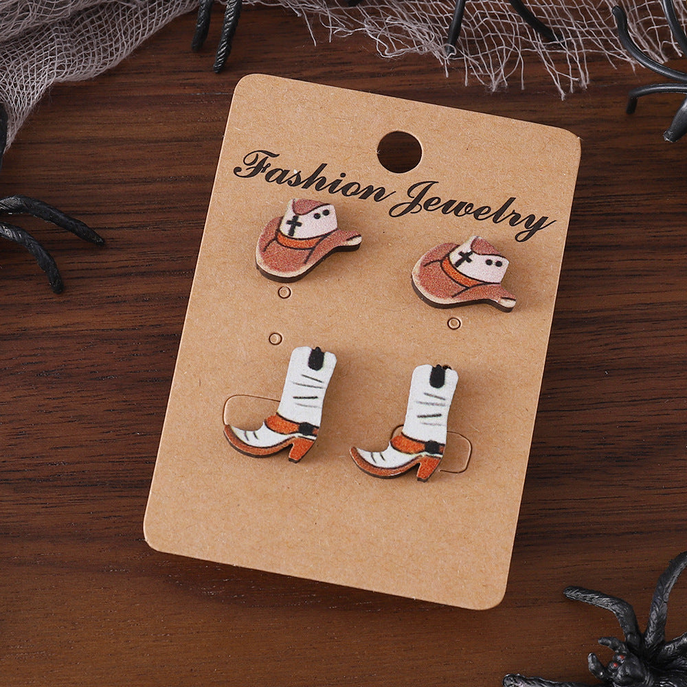 Wholesale Western Style Cowboy Hat Boots Wood Earrings Set ACC-ES-ChuLian038