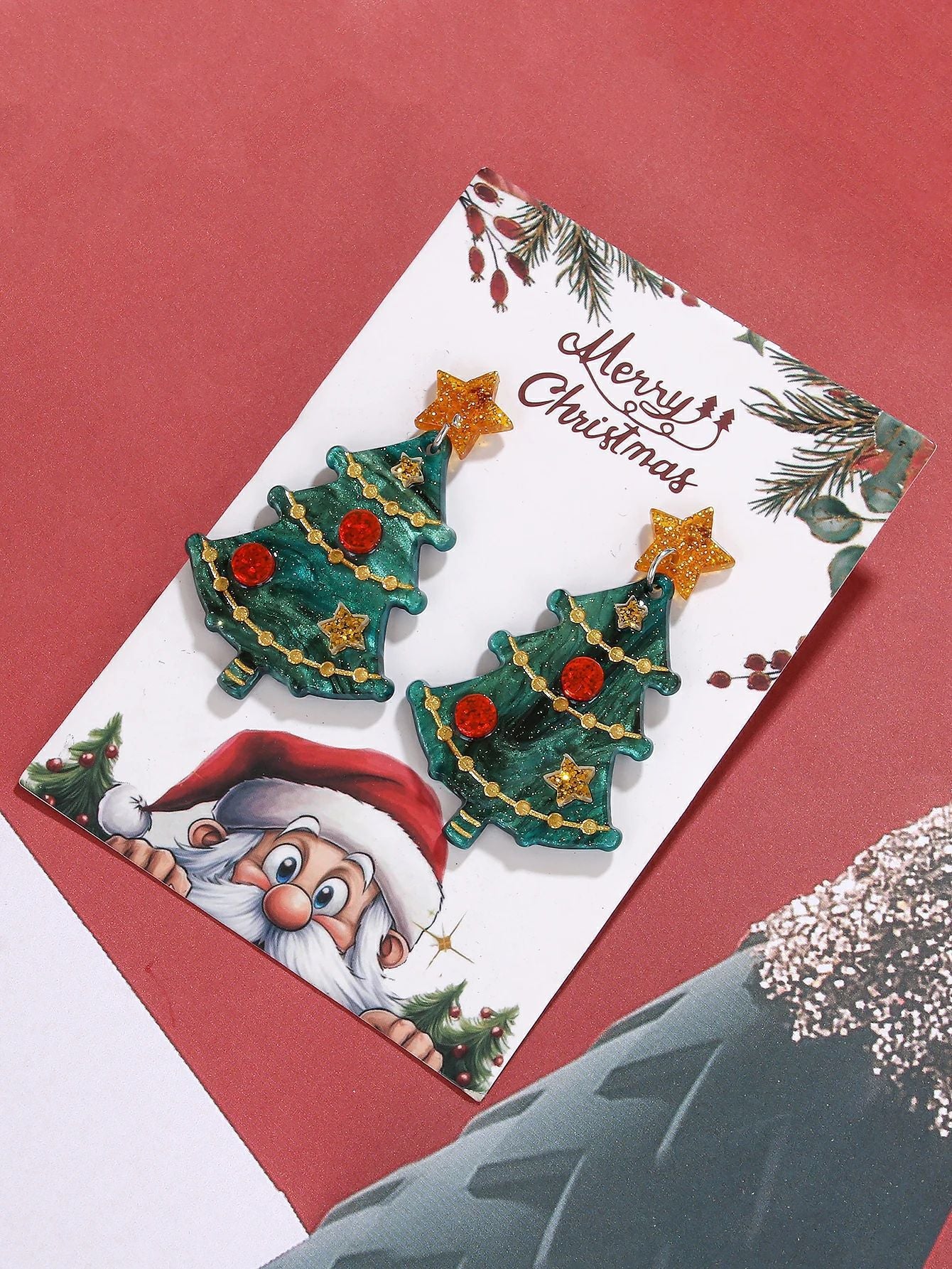 Wholesale Creative Acrylic Christmas Tree Diamond Bead Chain Christmas Earrings