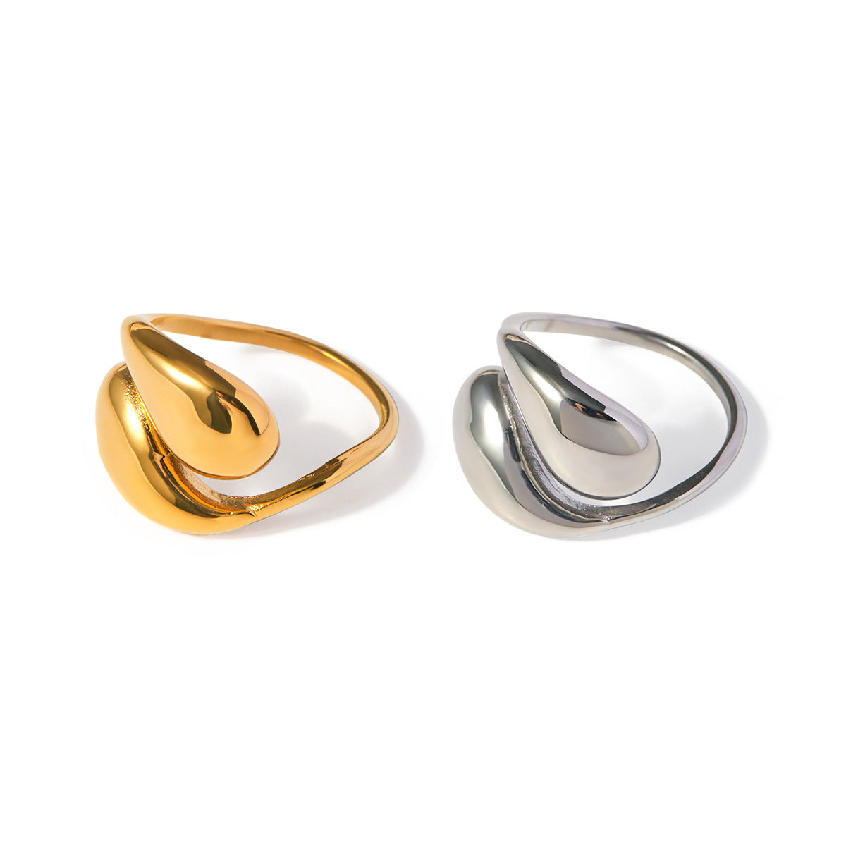 Wholesale Light Luxury Rings 18k Gold Stainless Steel Rings Teardrop-shaped Staggered Open Rings ACC-RS-JingQiao001