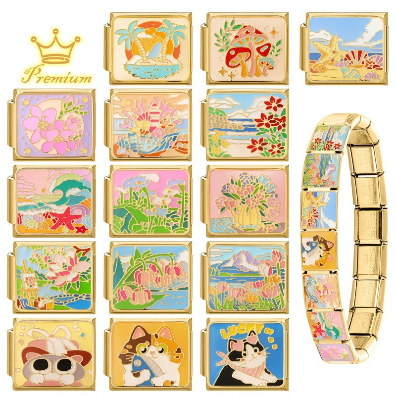 Wholesale Cute Cat Landscape DIY Modular Charm Bracelet Stainless Steel Gold Base Jewelry Accessory