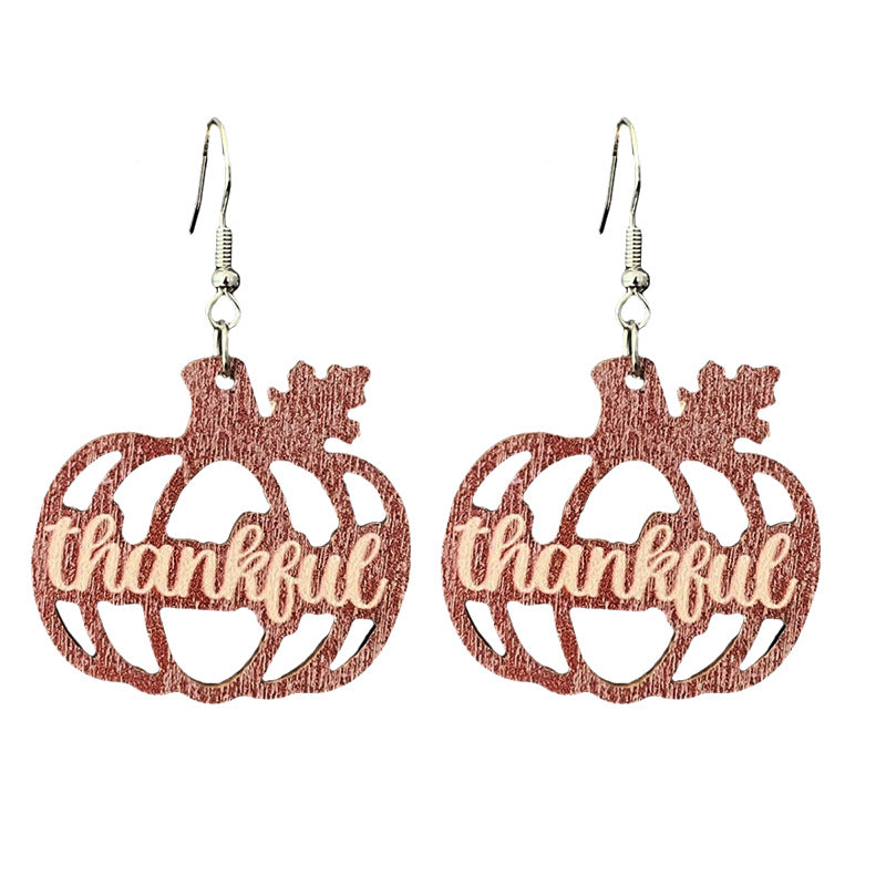 Wholesale 2 pairs/ pack Thanksgiving Turkey Pumpkin Gratitude Text Wooden Earrings