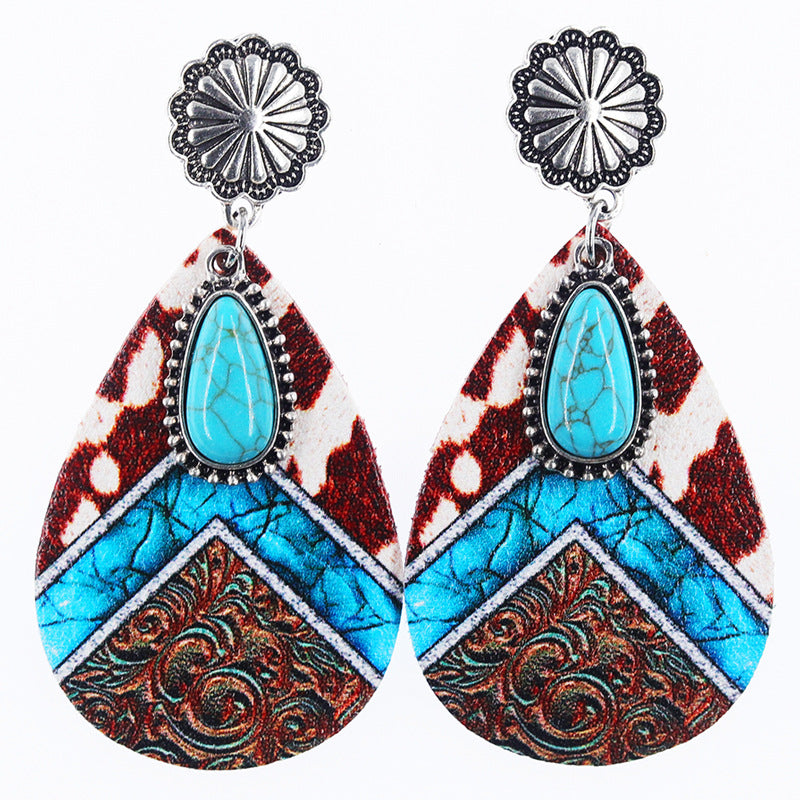 Wholesale Western Denim style leopard print alloy turquoise leather earrings