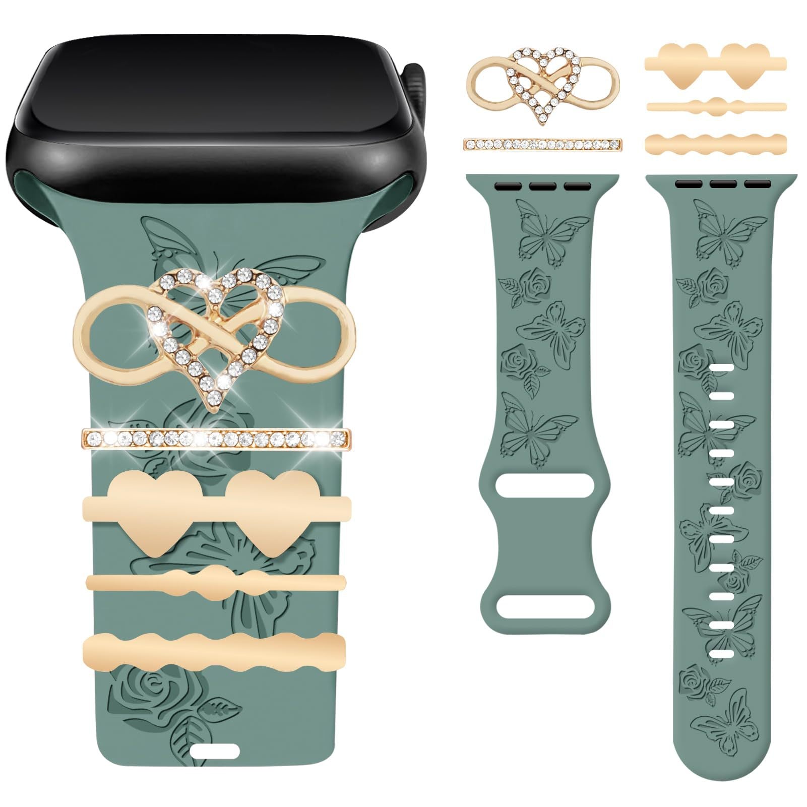 Wholesale Gold Floral Rhinestone Decorative Ring Alloy Smart Watch Band Charm Chic Fashion Accessory For Women