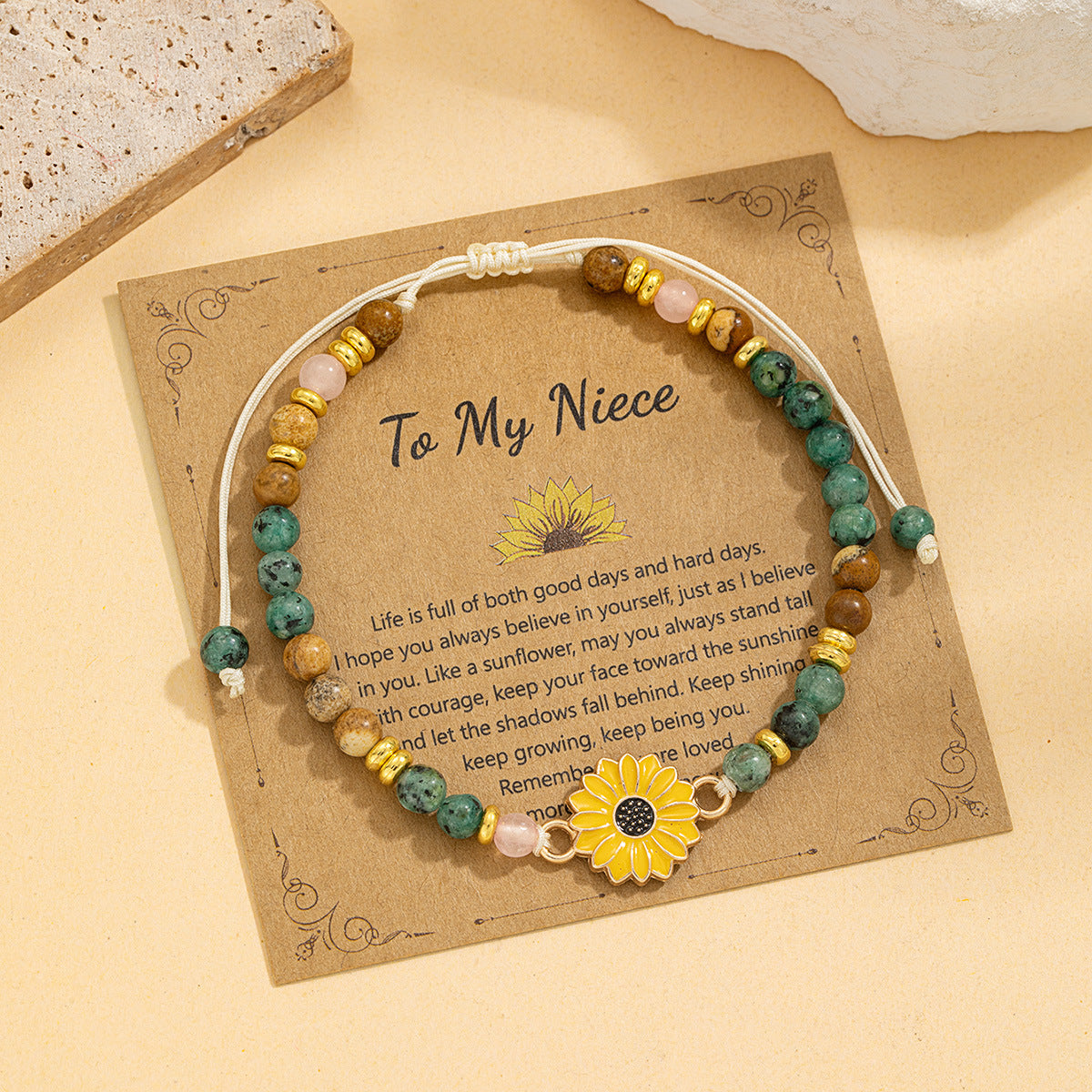 Wholesale Women' s Adjustable Handmade Woven Bracelet with Sunflower and Natural Stone - Travel Souvenir Fashion Accessory