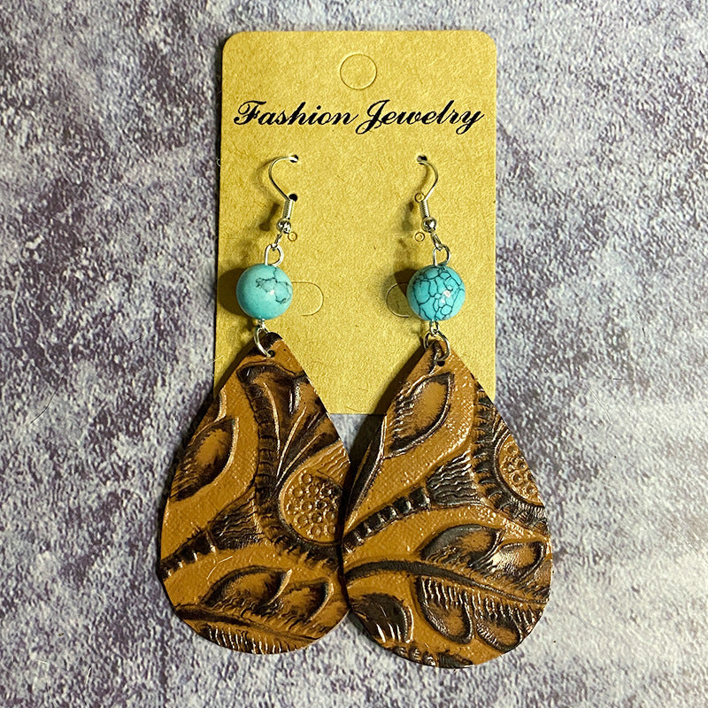 Wholesale Vintage Leather Earrings Western Style Long Teardrop Turquoise Stitching Earrings ACC-ES-XinChuan037