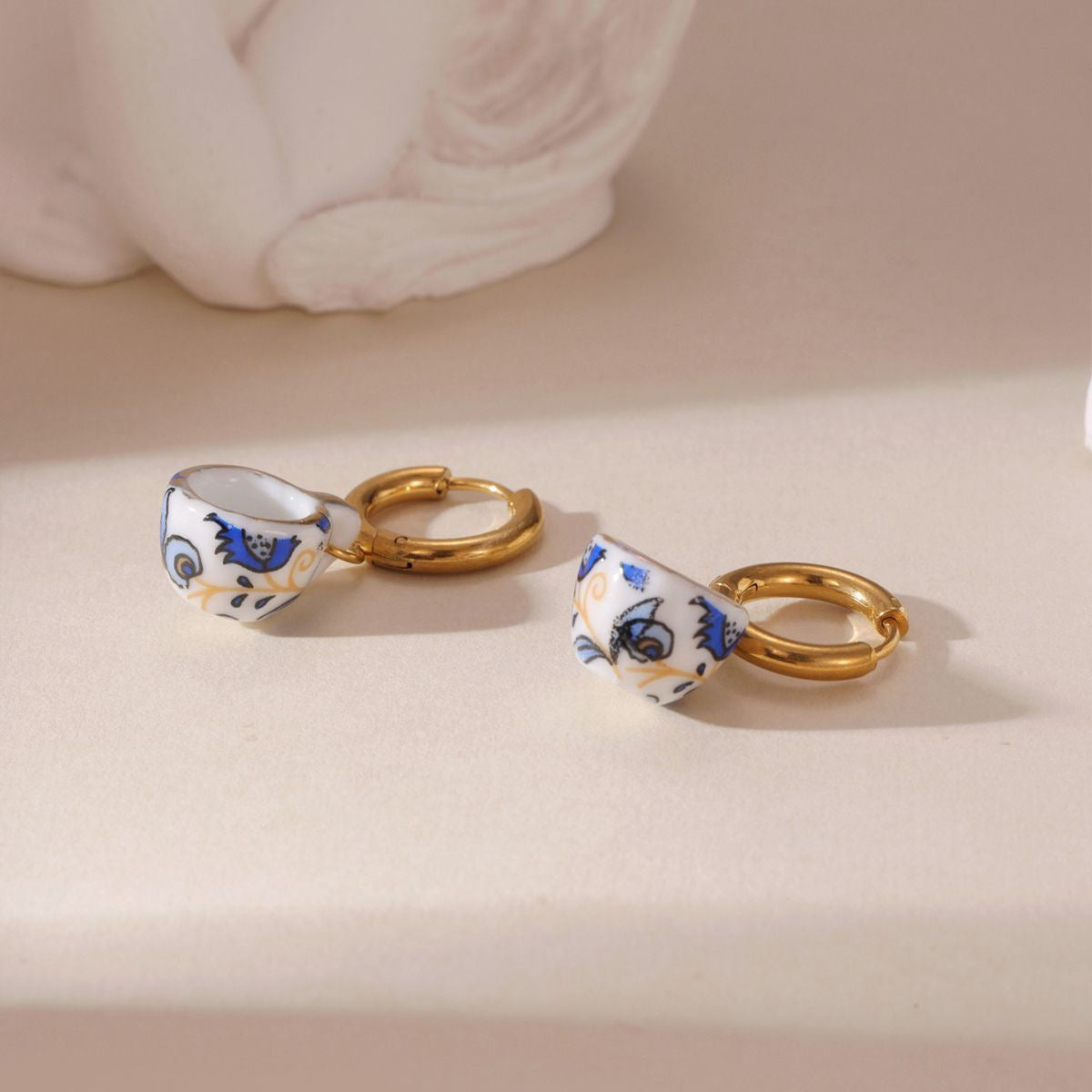Wholesale Cup and Plate Shaped Ceramic Blue and White Porcelain Earrings