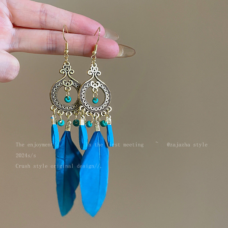 Wholesale Alloy Blue Feather Earrings,  Bohemian Tassel Jewelry Accessory for Beach Vacation