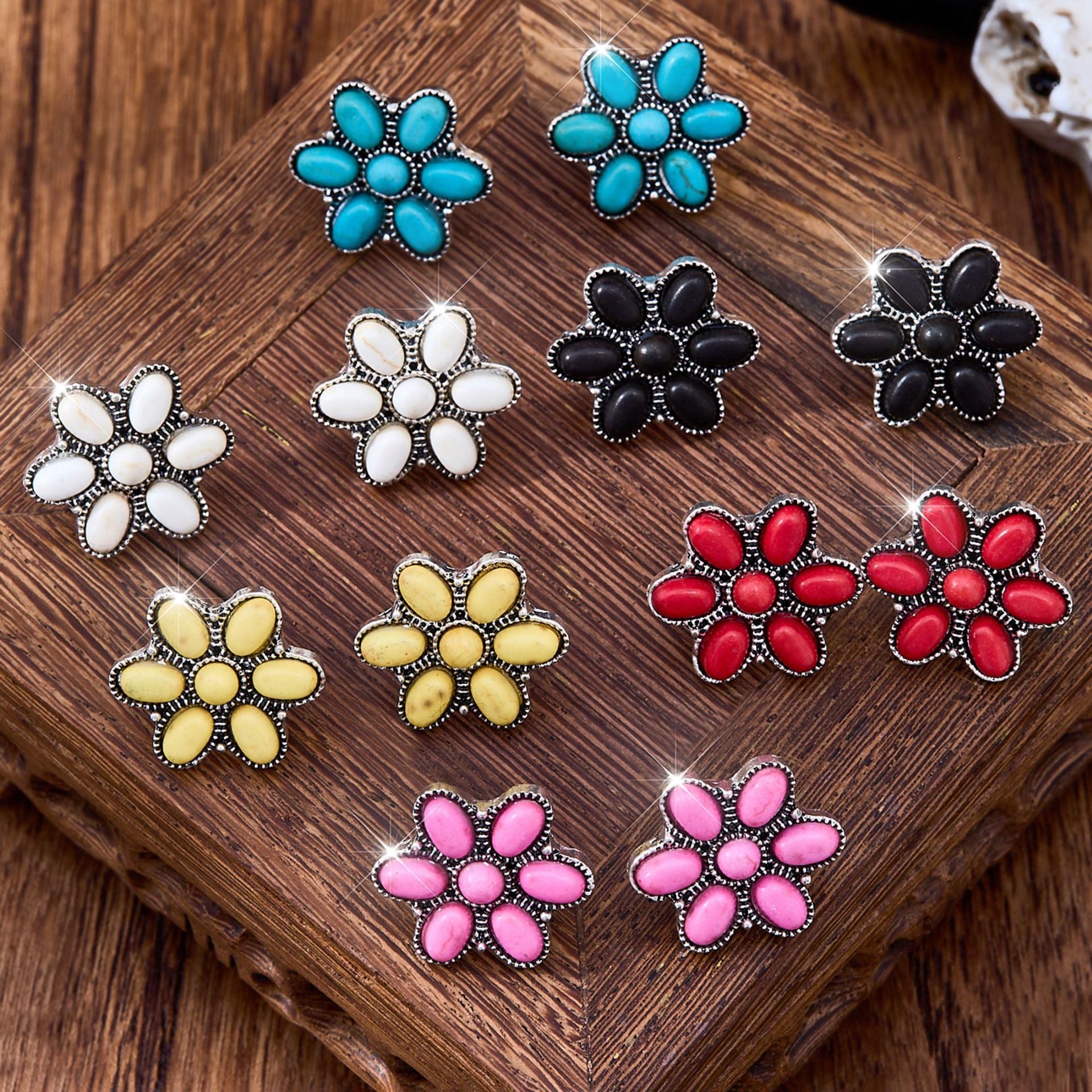 Wholesale Trendy Turquoise Flower Earrings Zinc Alloy Electroplated Ethnic Style Boutique Resale