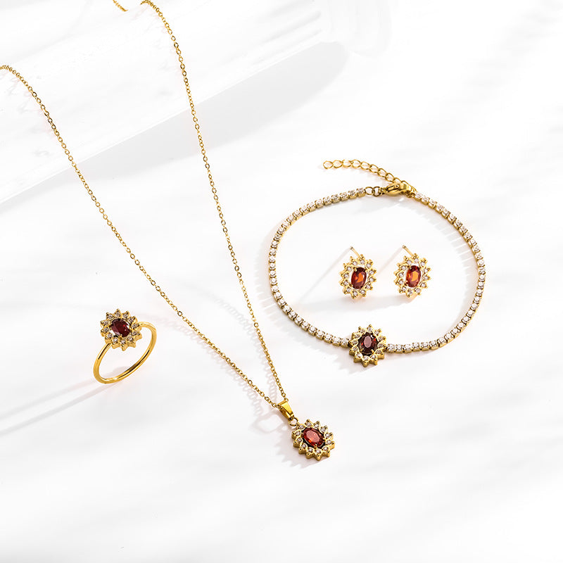 Wholesale vintage 18k titanium steel red zircon flower jewelry set