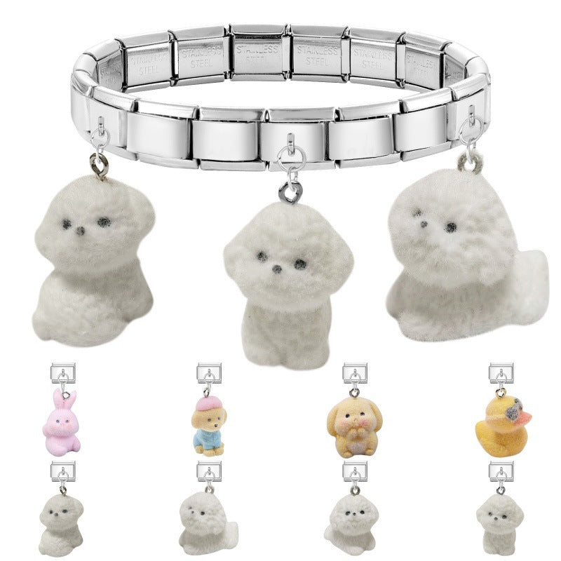 Wholesale 9mm Italian Charm Starter Bracelets DIY Cute Flocked Doll Pendant Stainless Steel Composable Bracelet