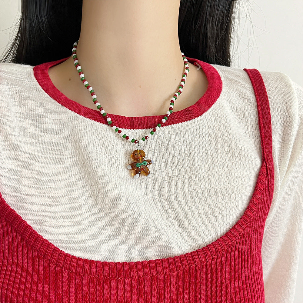 Wholesale Christmas Tree Colorful Gingerbread Man Beaded Necklace