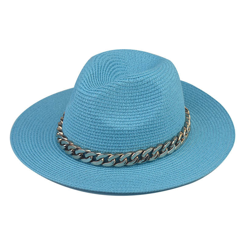 Wholesale Trendy Wide Brim Straw Hat With Gold Chain Decoration Flat Top Khaki Sun Hat For Summer Casual Wear