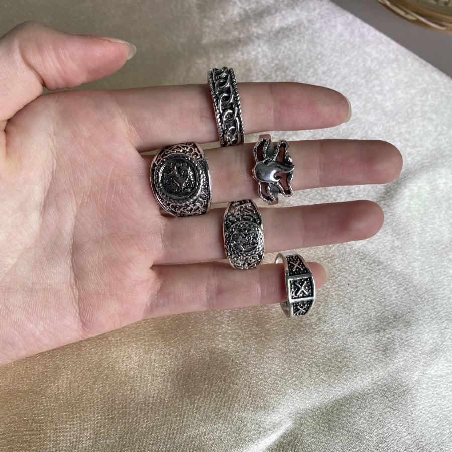 Wholesale Metal Ring Retro Style Design Totem Geometry Couple Ring 5-piece Set