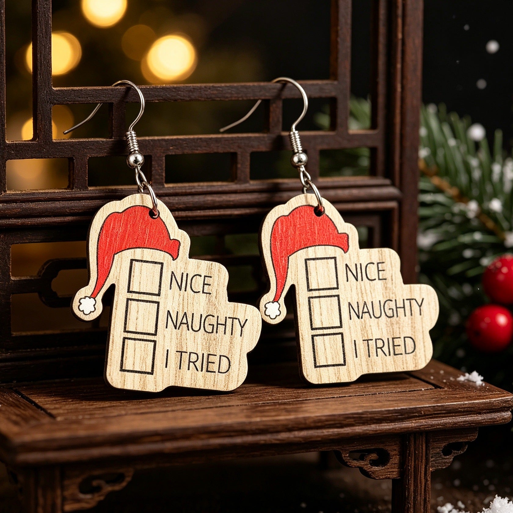 Wholesale Wooden Christmas Earrings With Santa Hat Print Letter Design Stylish Jewelry Accessory For Party And Gift