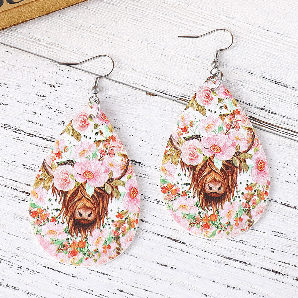 Wholesale Western Cowboy Bull Head Double-Sided PU Earrings