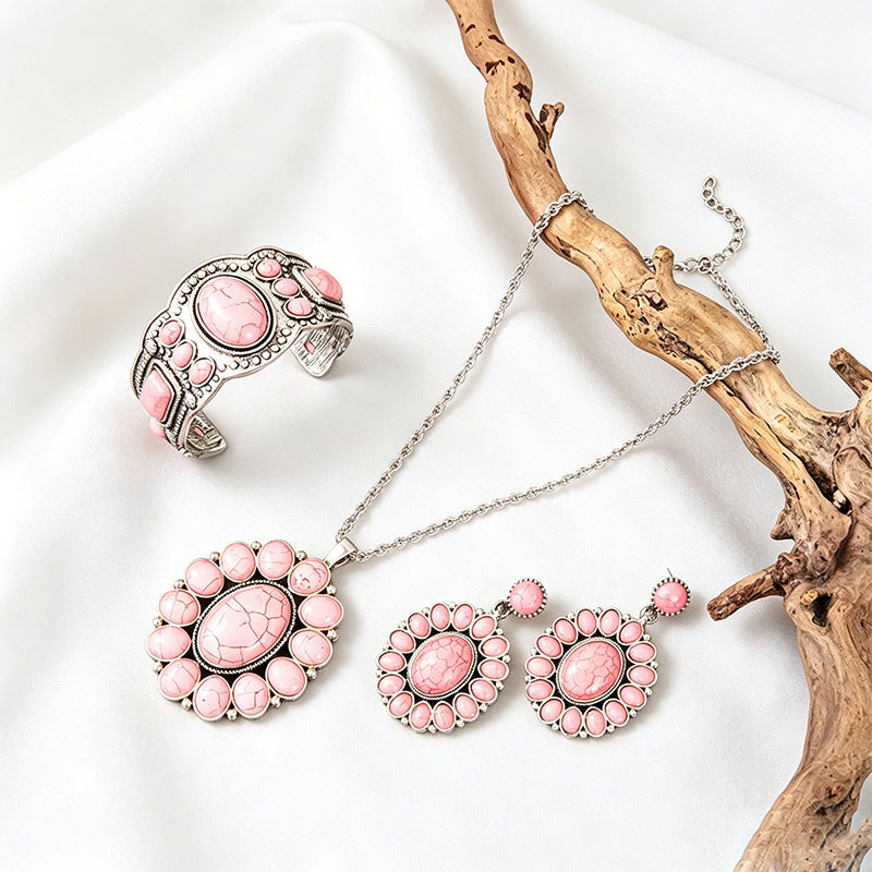 Wholesale Electroplated Alloy Retro Bohemian Turquoise Women' s Jewelry Set - Earrings,  Open Ring &  Necklace,  Fashion Accessory