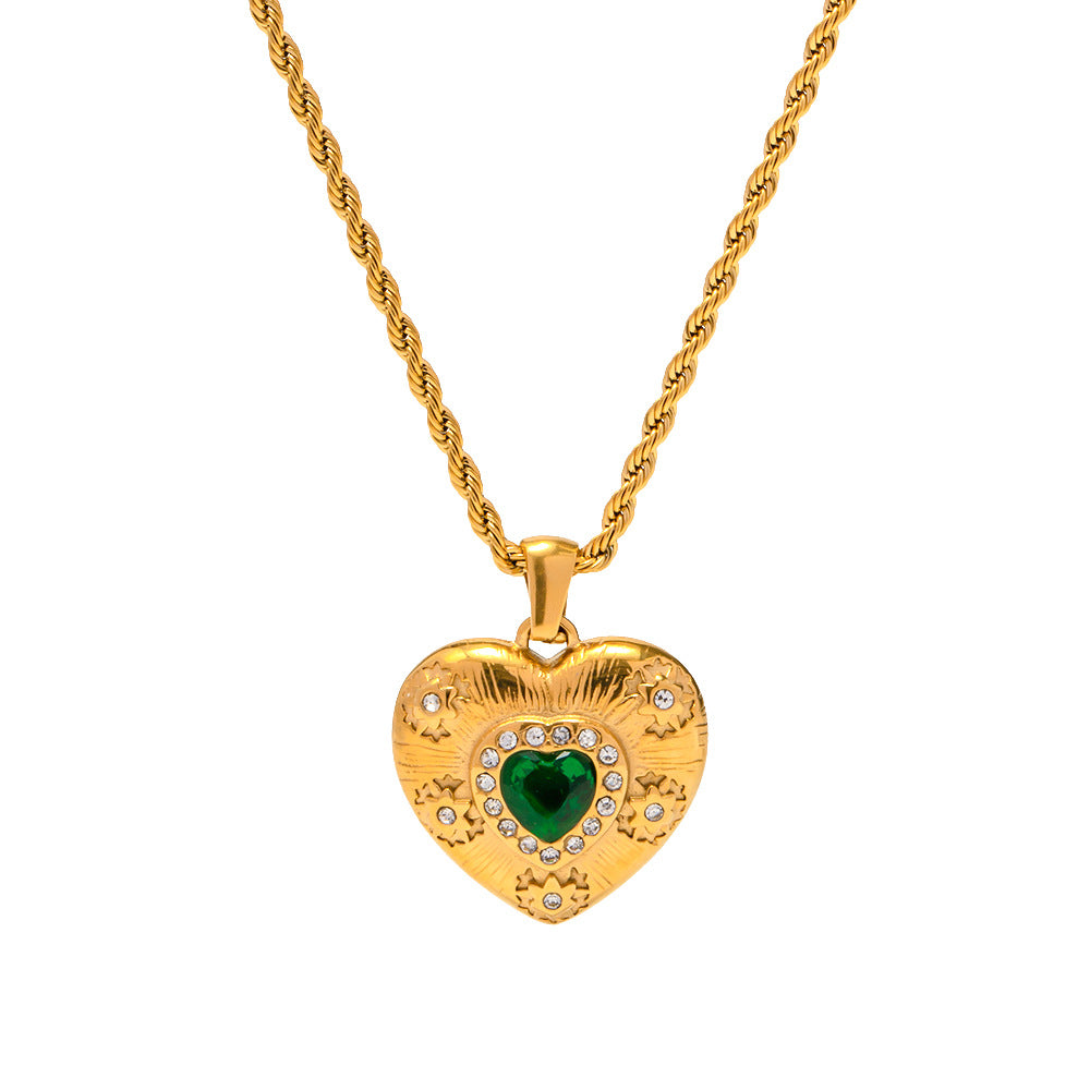 Wholesale 18k Gold Emerald Zircon Heart Shaped Pendant Necklace Stainless Steel Necklace ACC-NE-JD001