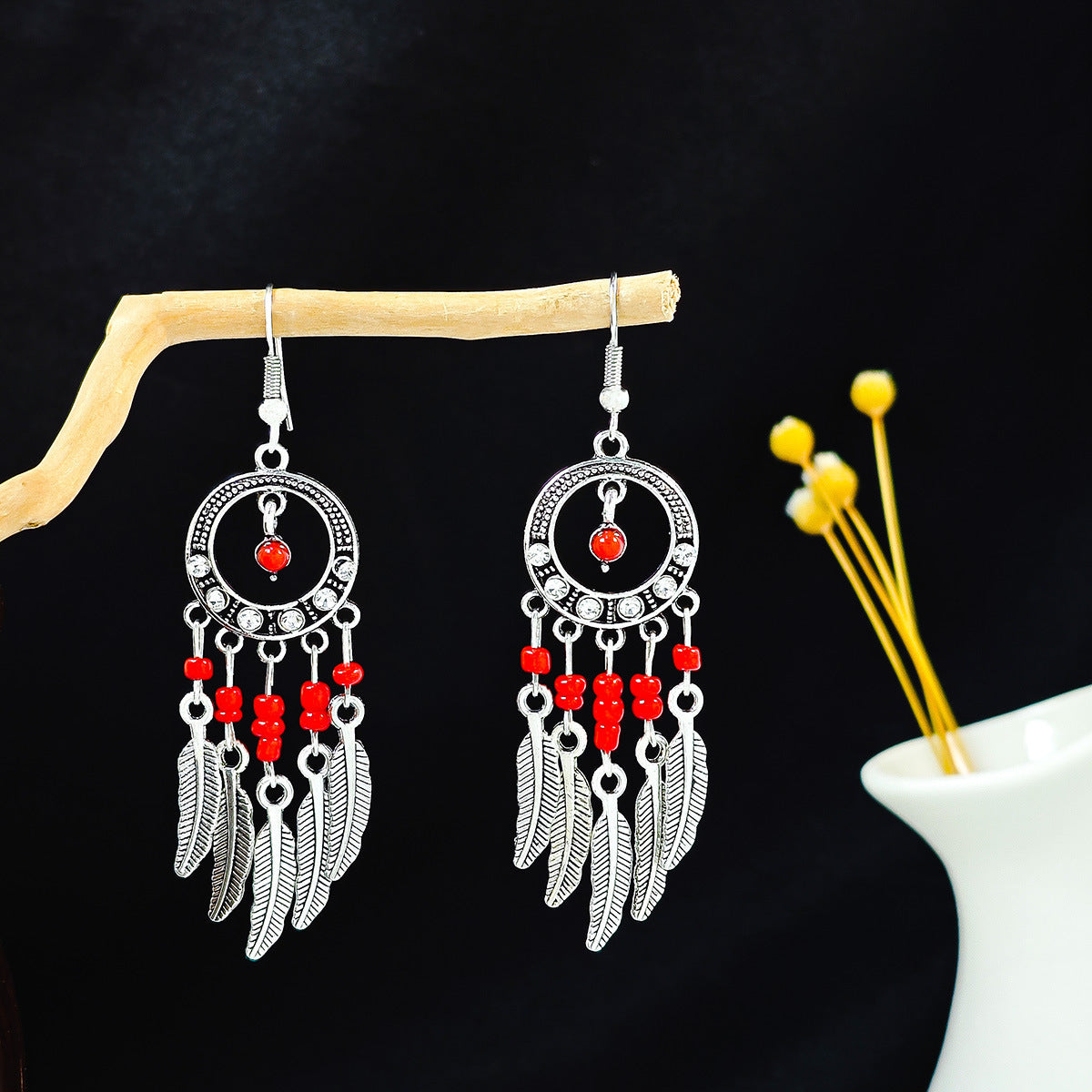 Wholesale Alloy Drop Earrings,  Red Tassel Bohemian Style,  Boutique Resale Jewelry Accessory