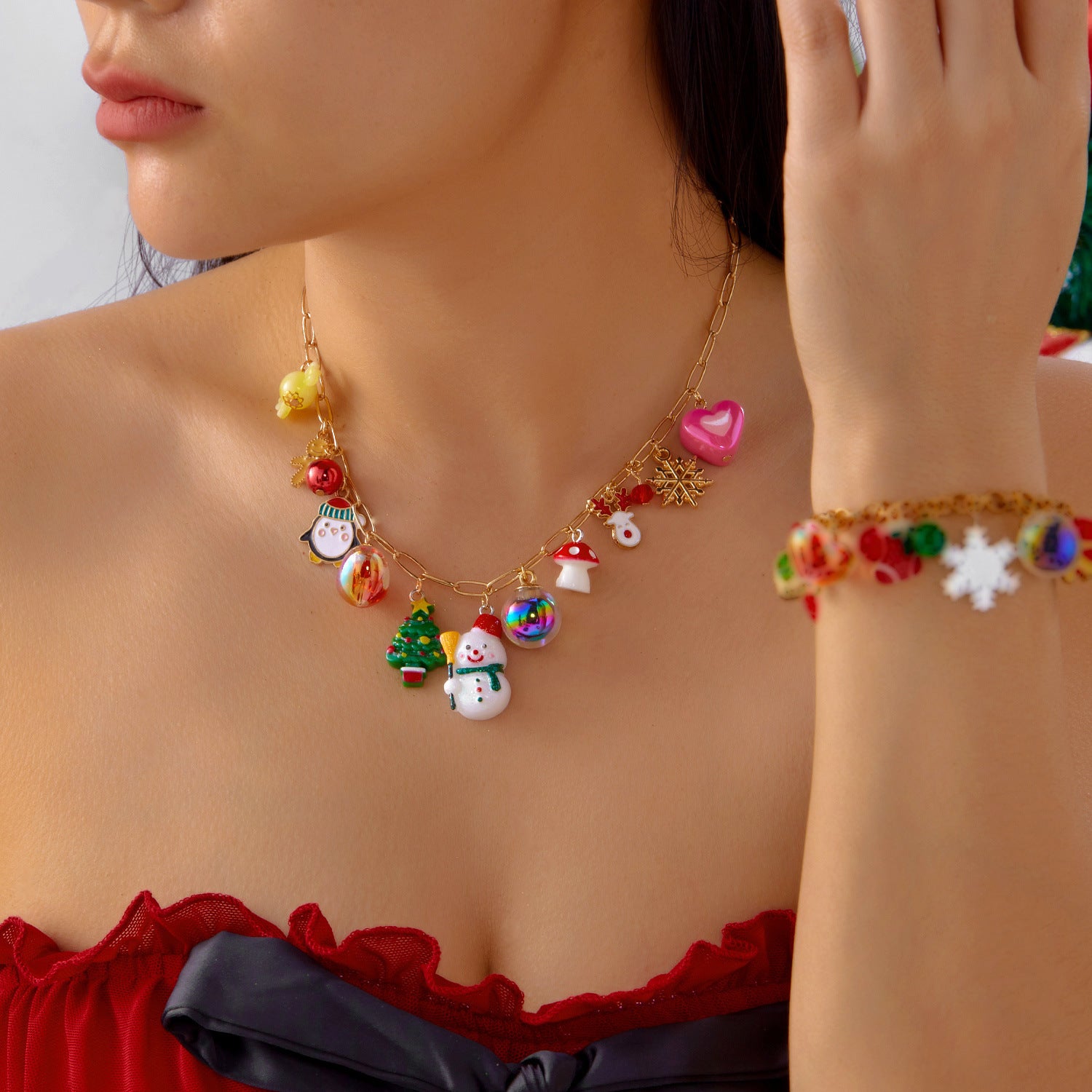 Wholesale Diamond Christmas Tree Snowflake Elk Bell Bracelet Necklace Set