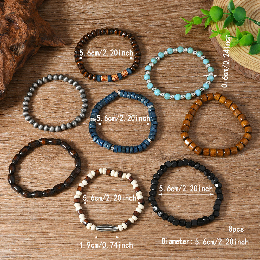 Wholesale Wooden 8-piece set turquoise beaded bracelet