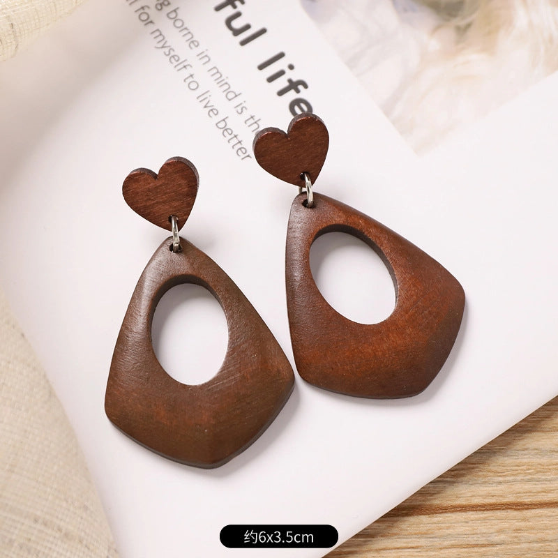 Wholesale Retro Coffee Wooden Earrings Ethnic Style Round Hand Knitted Jewelry Accessory