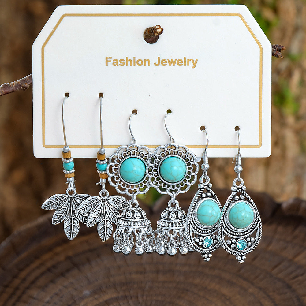Wholesale European and American Cross-Border Hot Selling New Turquoise Earrings Set Fashion Ethnic Holiday Style Earrings Earrings Manufacturer