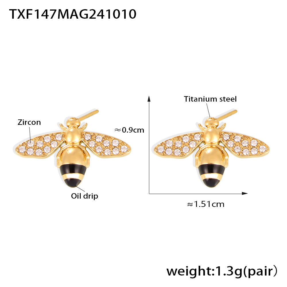 Wholesale Zircon Little Bee Double-Layer Necklace Bracelet Ring Titanium Steel Set