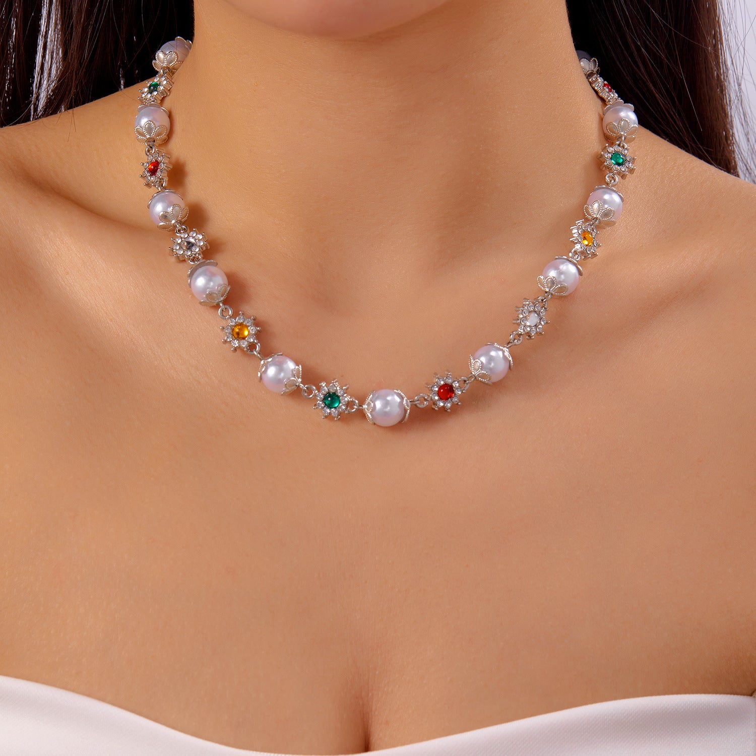 Wholesale  hip-hop niche diamond pearl stitching necklace