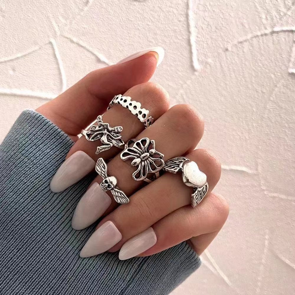 Wholesale love hollow butterfly ancient silver joint ring
