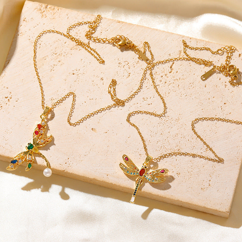 Wholesale  copper plated 18k gold zircon dragonfly pendant painted necklace
