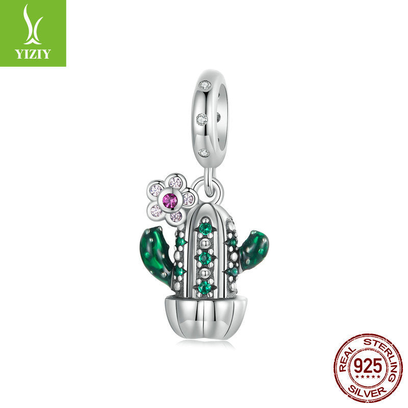 Wholesale Plant Series Cactus Diy Pendant Accessories Pink Flamingo S925 Silver Lucky Beads Charms ACC-CHS-YinZhiyun010