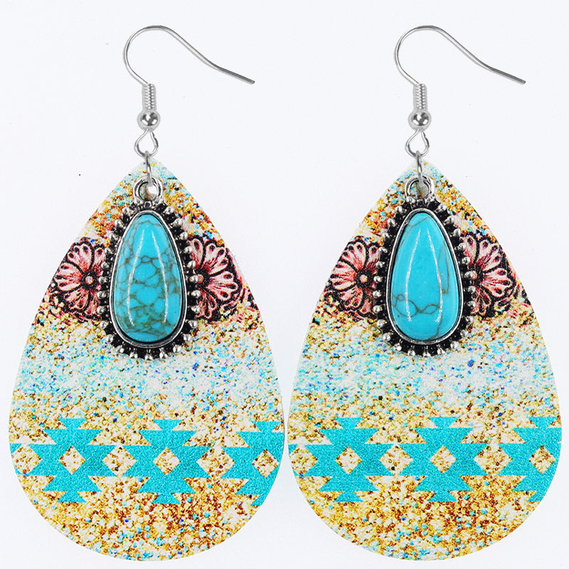 Wholesale Western Denim style Aztec wind drop-shaped leather earrings