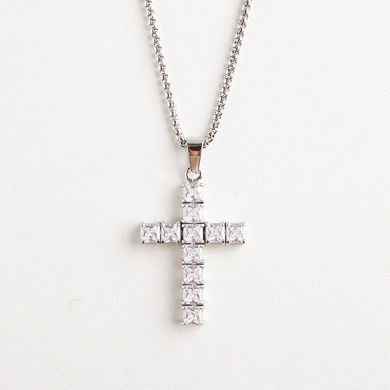 Wholesale Titanium Steel Square Cross Zircon Pendant Necklace