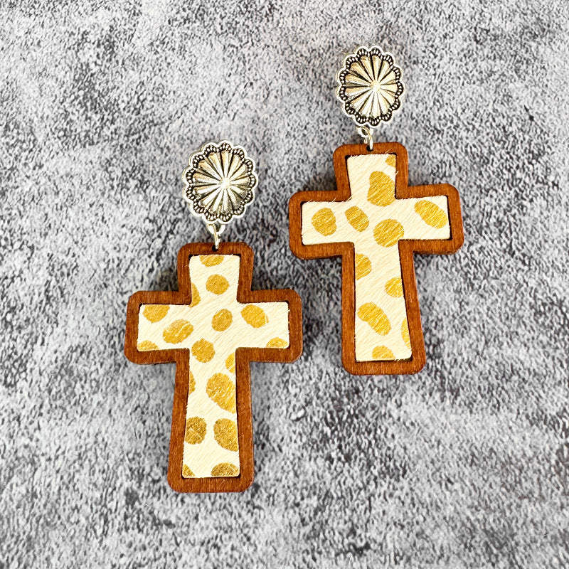 Wholesale Wooden and leather cross leopard print earrings