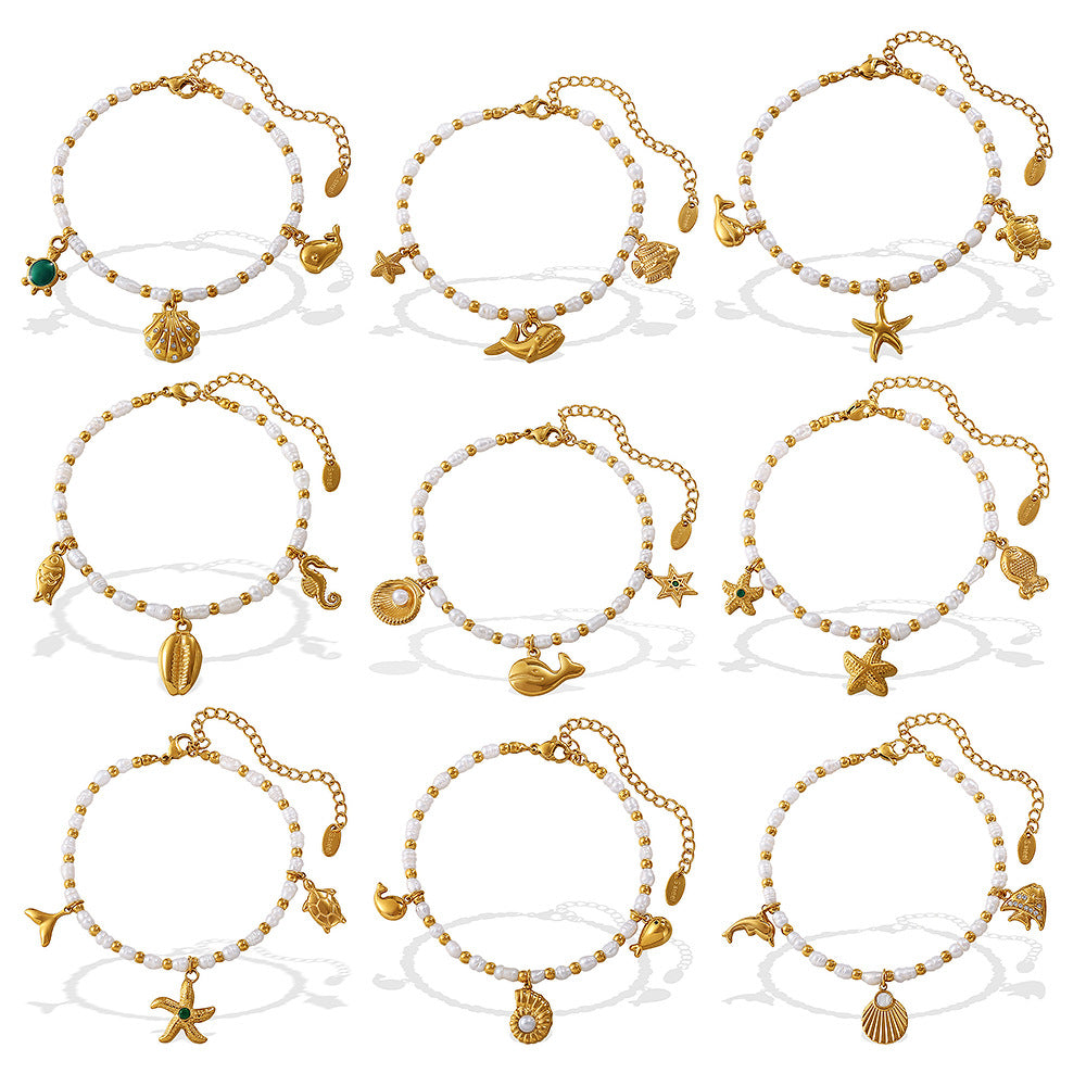 Wholesale  Fashion Creative Ocean Theme Freshwater Pearl DIY Dolphin Pendant Bracelet Plated with 18K Gold Niche Jewelry for Women