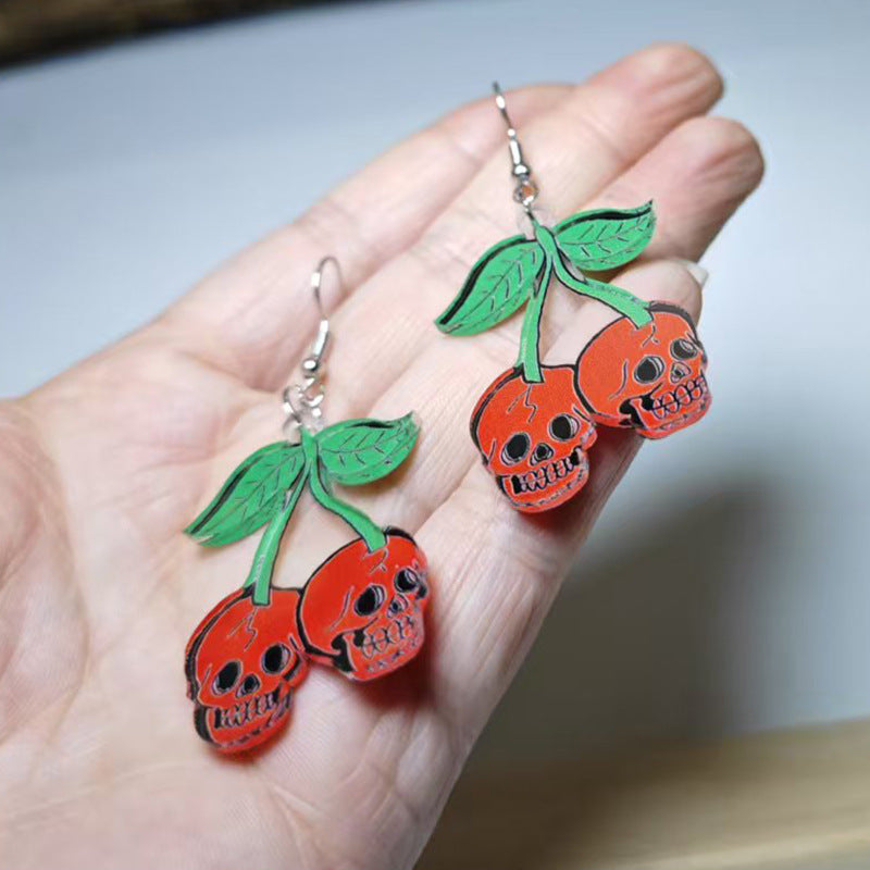 Wholesale Red Cherry Skull Halloween Earrings