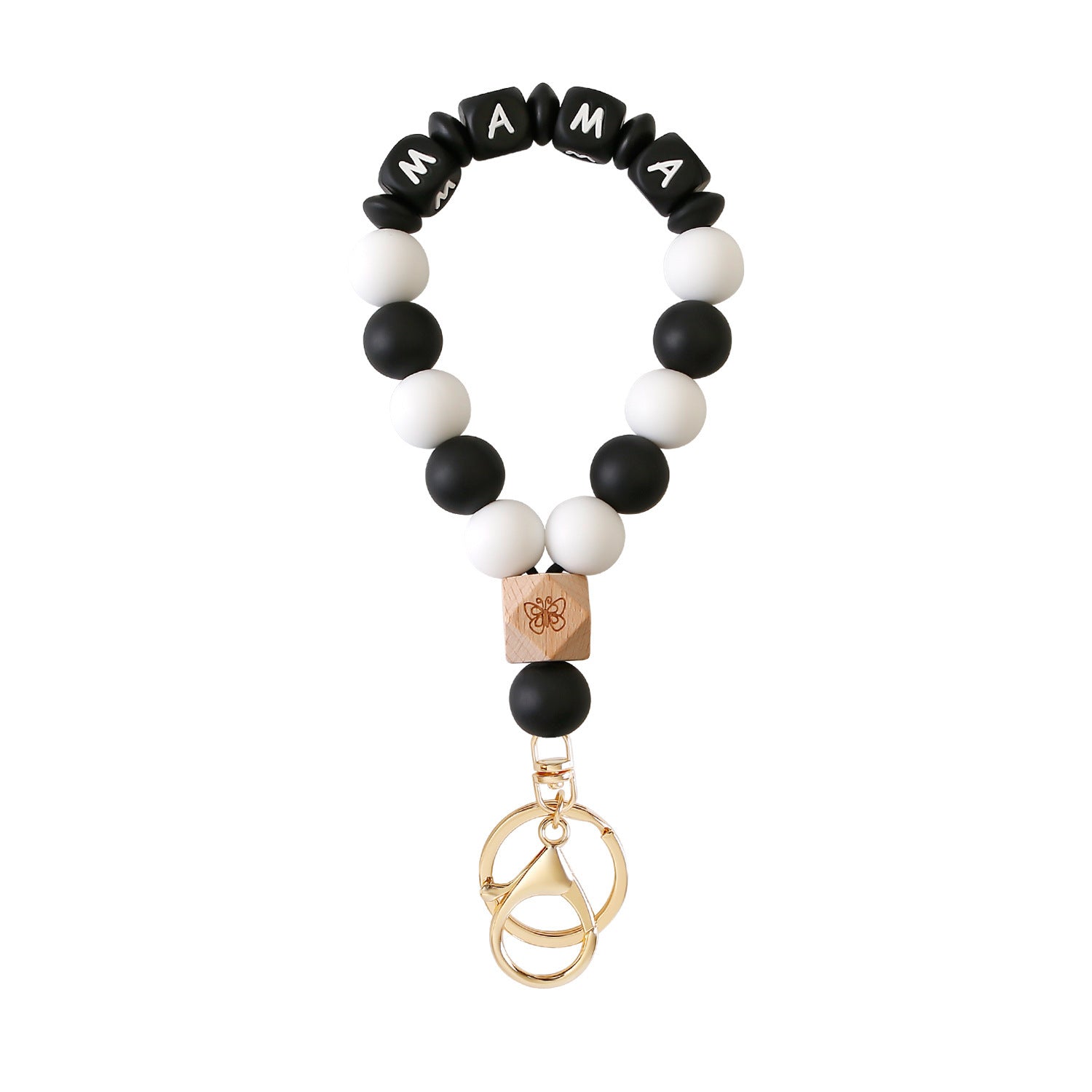 Wholesale MAMA Silicone Bracelet Keychain Butterfly Wooden Beads Beaded Mother's Day Keychain Wristlet Keychain ACC-KC-Jinz002