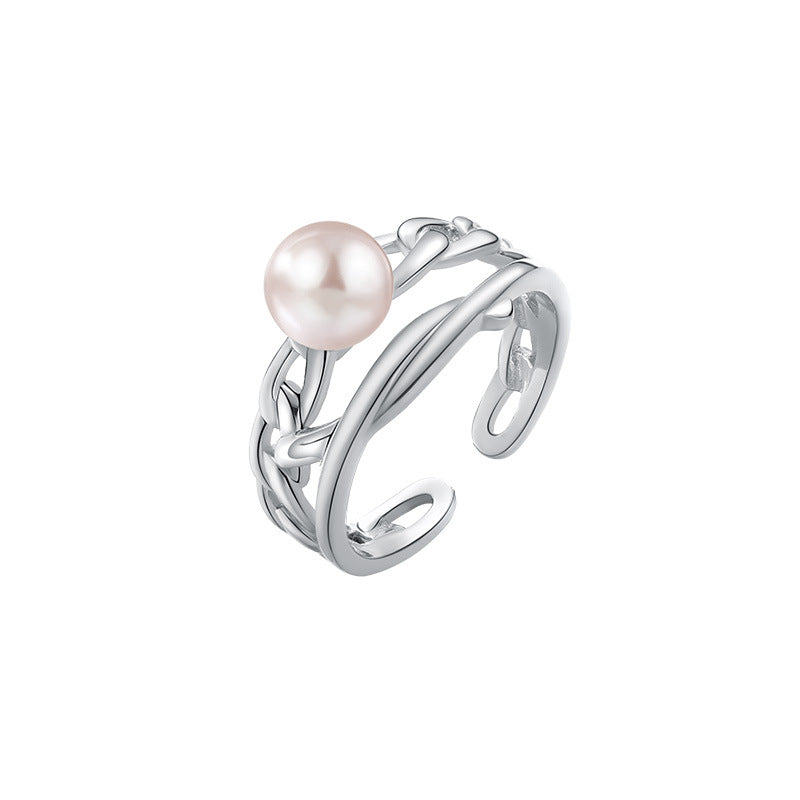 Wholesale 925 Sterling Silver Pearl Ring  Geometric Hollow Adjustable Opening Rings