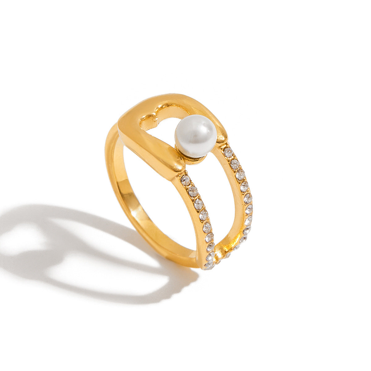 Wholesale 18K Gold Stainless Steel Pearl Ring with White Diamond
