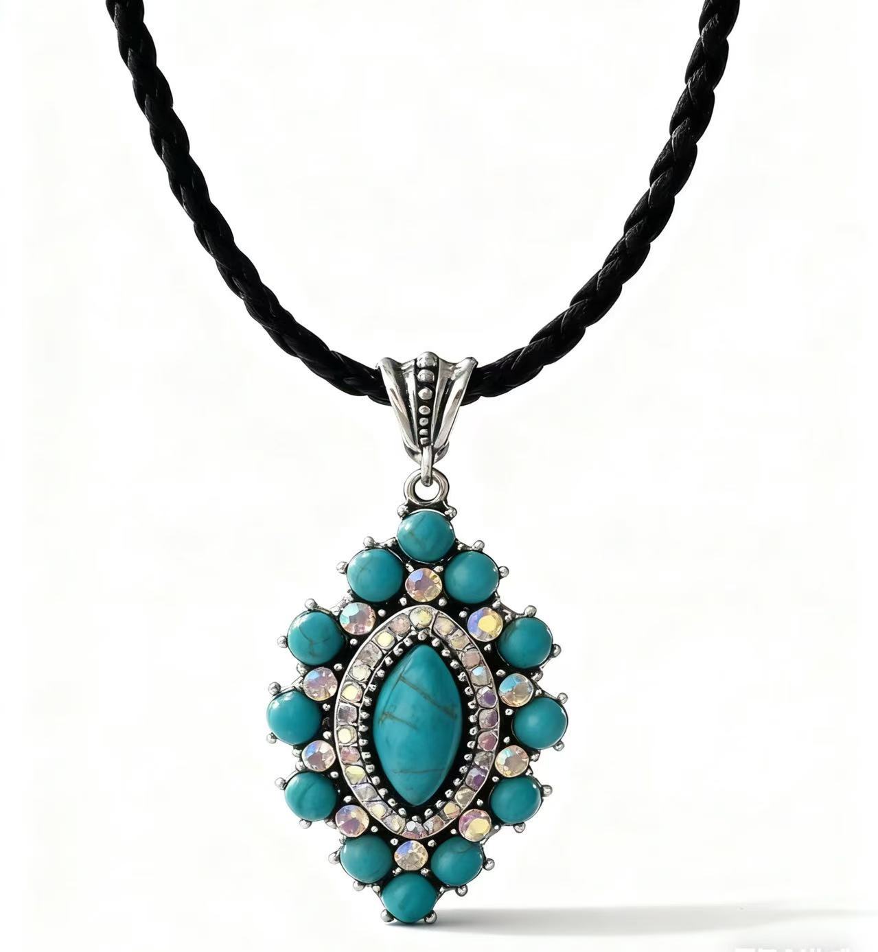 Wholesale Rhinestone Cross Pendant Necklace with Leather Rope,  Boho Style Fashion Accessory for Women