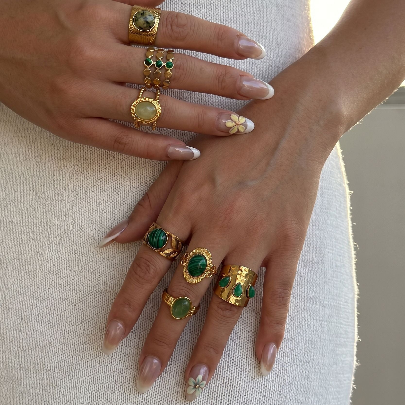 Wholesale 18k Gold Plated Stainless Steel Malachite Ring Vintage Stackable Jewelry Accessory