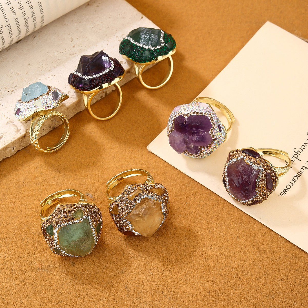 Wholesale Natural Amethyst Bud Aquamarine Rough Stone Irregular Diamond Opening Adjustable Women' s Ring