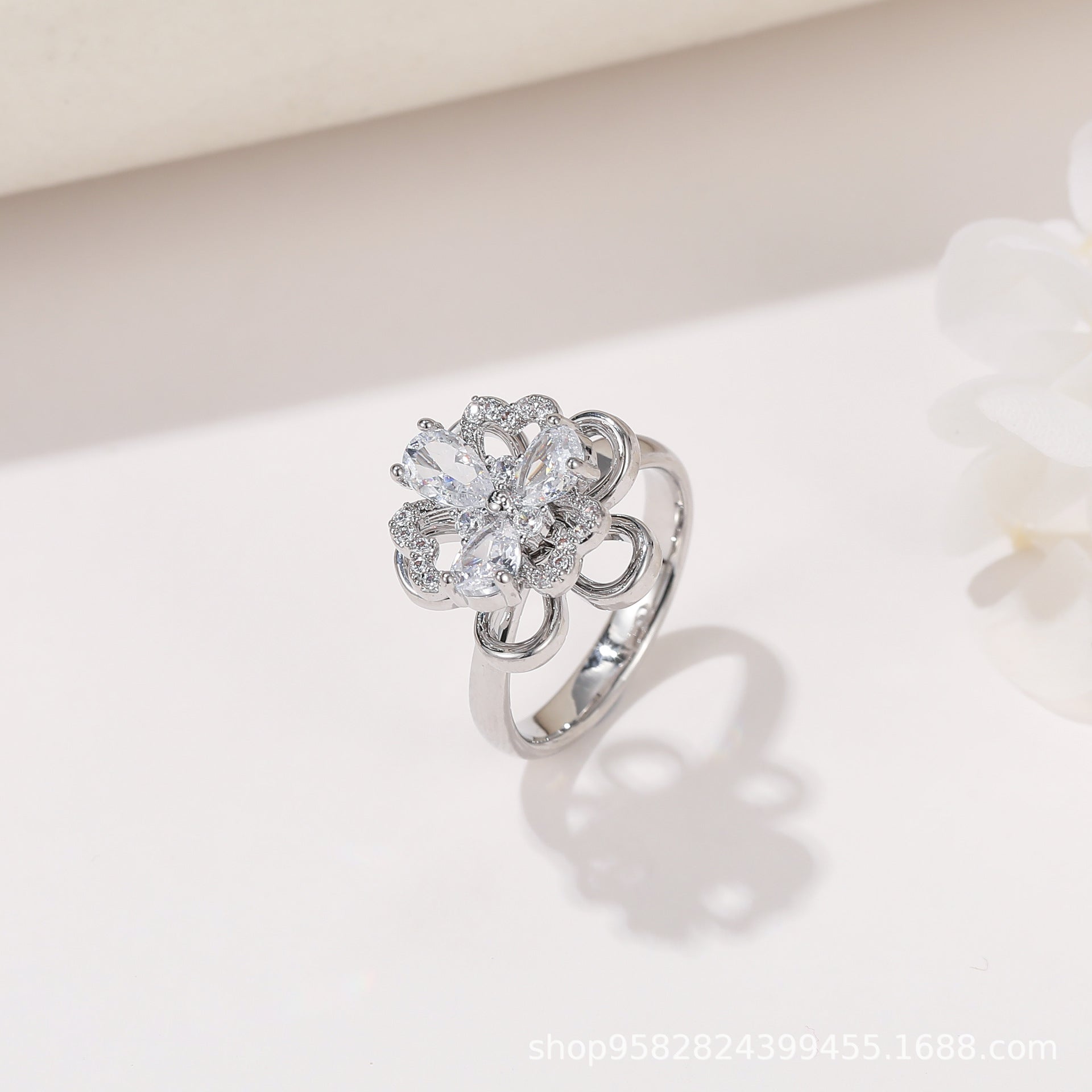 Wholesale 360° Rotating Double-Layer Flower Ring Gold Plated Zircon Fashion Accessory Boutique Gift
