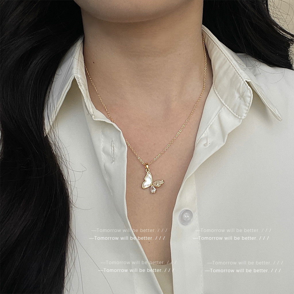 Wholesale White French Style Micro-Pavé Zircon Butterfly Necklace