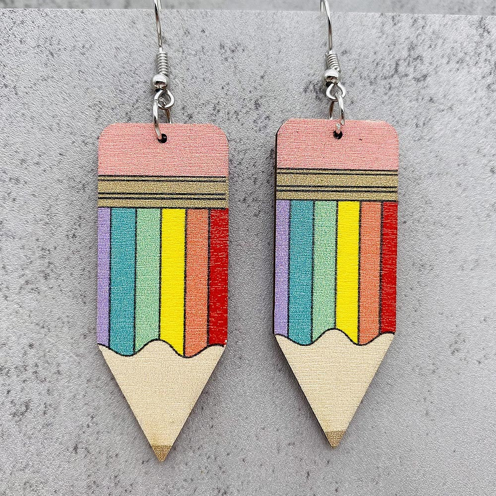 Wholesale Wooden Leopard-Print Pencil  Crayon  and Scissors Earrings