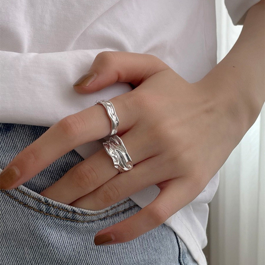 Wholesale Geometric pleated ring  exaggerated 925 silver concave-convex open ring