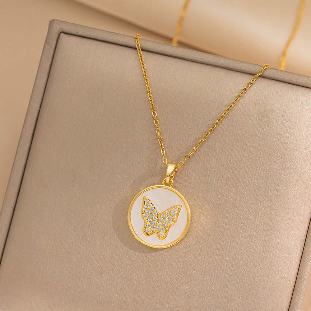 Wholesale Light Luxury Mother-of-pearl Micro-inlaid Zircon Copper Plated Gold Butterfly Necklaces ACC-NE-OuBK002
