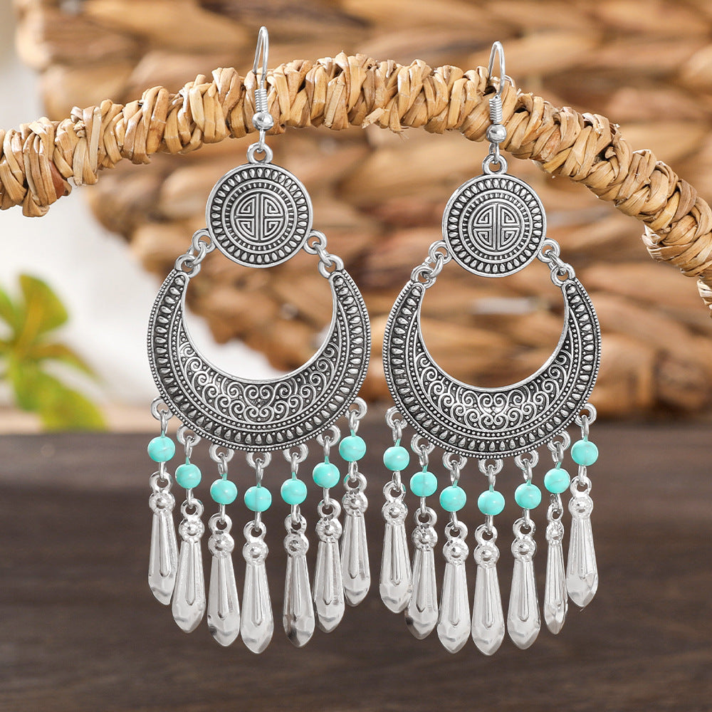 Wholesale Bohemian Retro Circular Antique Silver Tassel Earrings Tibetan Style Ethnic Zinc Alloy Jewelry Accessory Gift