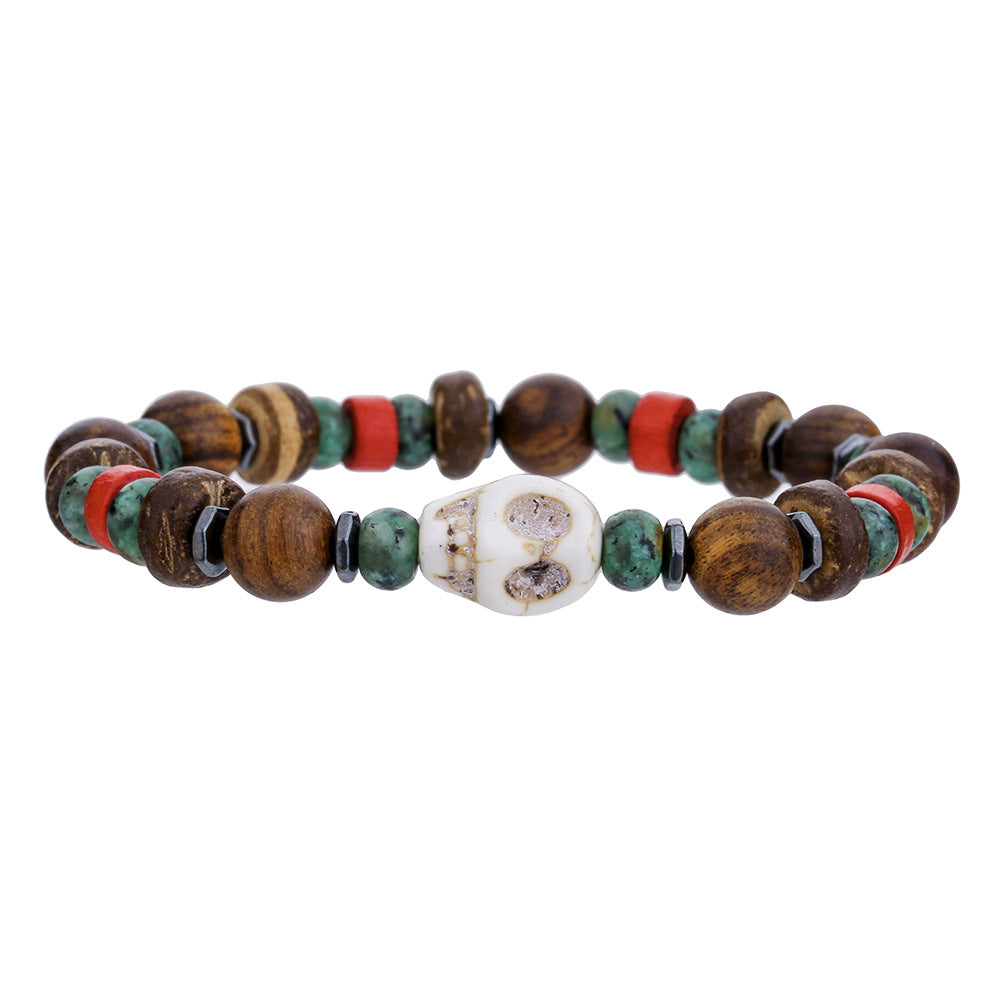 Wholesale Handmade Beaded Skull Bracelet  Retro Style Turquoise Wood Beads Coconut Shell Bracelet